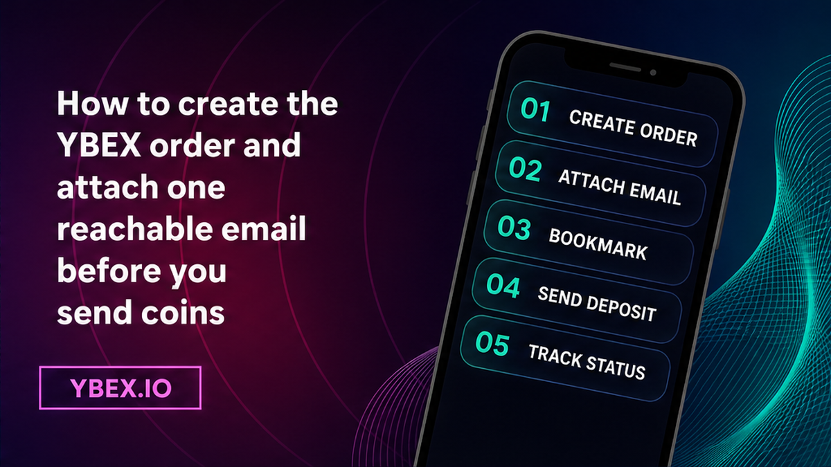 YBEX workflow on a phone: create the order, attach one email, bookmark the live page, then send the deposit