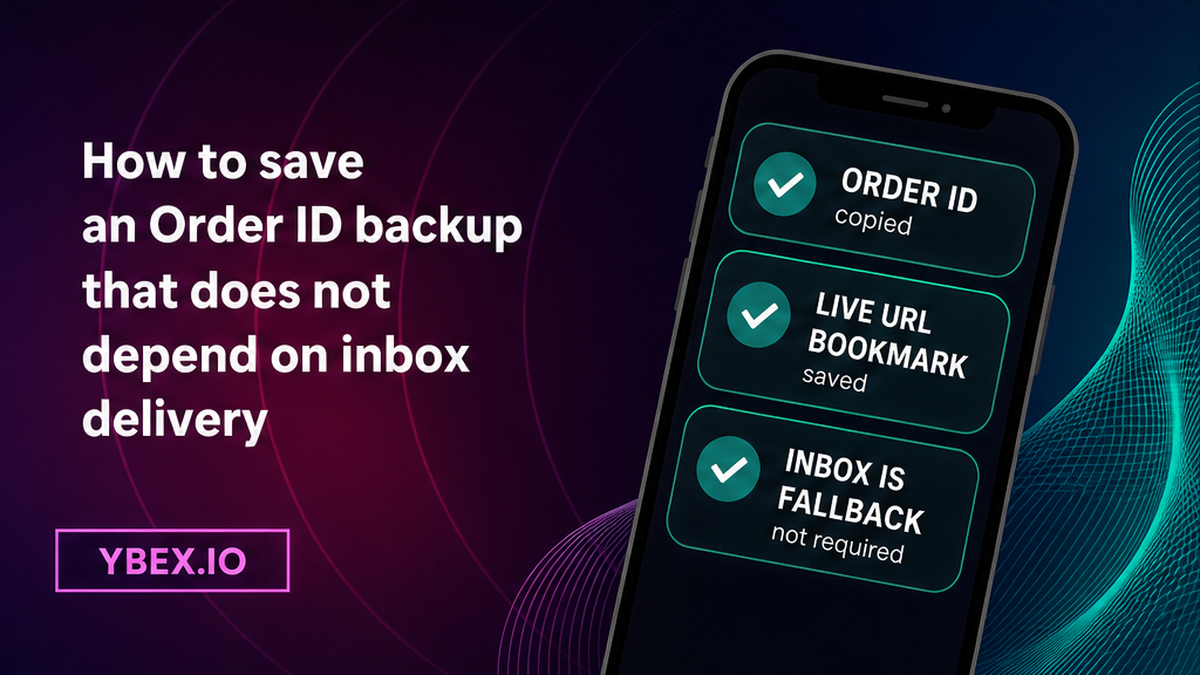 YBEX checklist on a phone: save Order ID and live URL bookmark; treat inbox as a fallback only