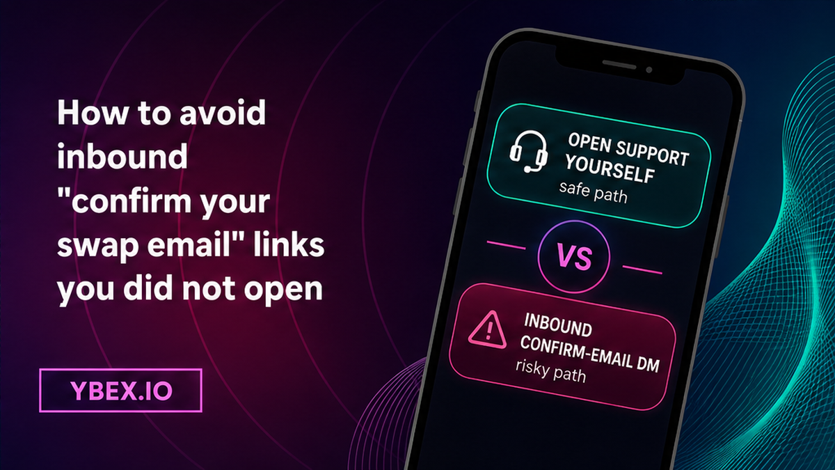 YBEX comparison UI: open official support yourself versus an inbound confirm-your-swap-email message