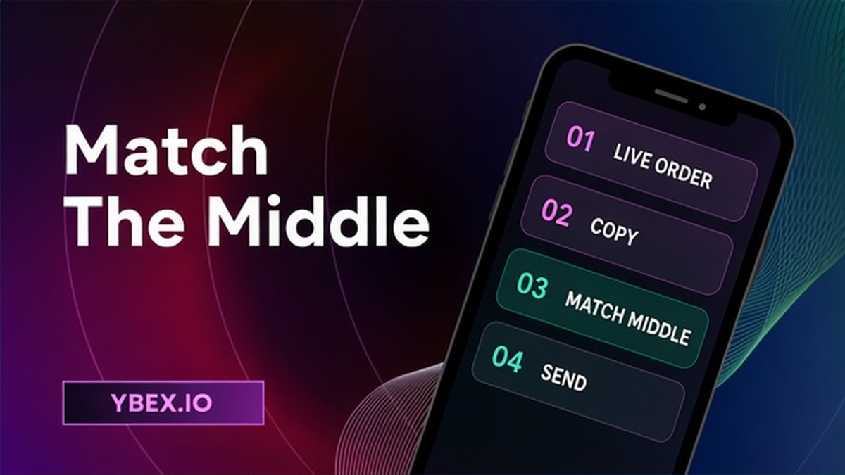 YBEX workflow on a phone: copy the deposit from the live order, match the middle, then send