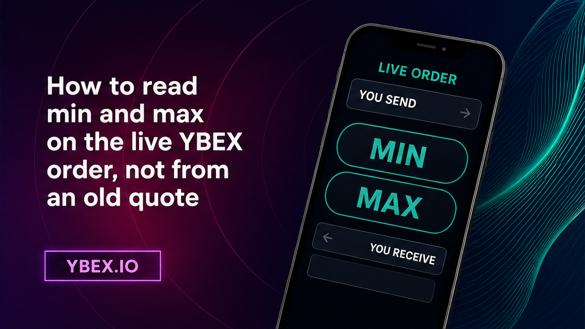 YBEX live-order widget on a phone: You send plus MIN and MAX chips, not an old quote