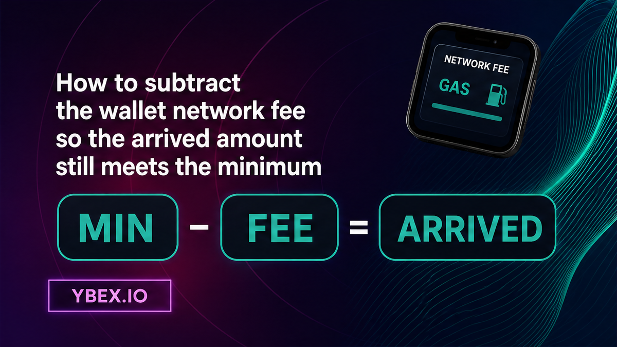 YBEX infographic chips MIN, FEE, and ARRIVED showing the wallet fee must leave the deposit above minimum