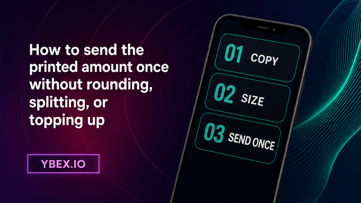 YBEX phone workflow chips: copy the printed amount, size after fee, send once