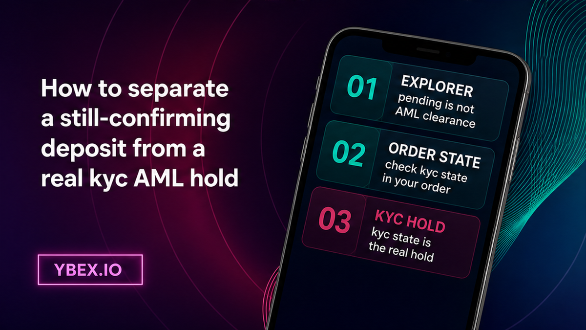 YBEX phone workflow: check explorer, read order state, treat kyc as a real AML hold not a confirming deposit