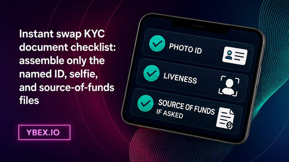 YBEX checklist on a phone: named KYC files only — photo ID, liveness selfie, source of funds if asked