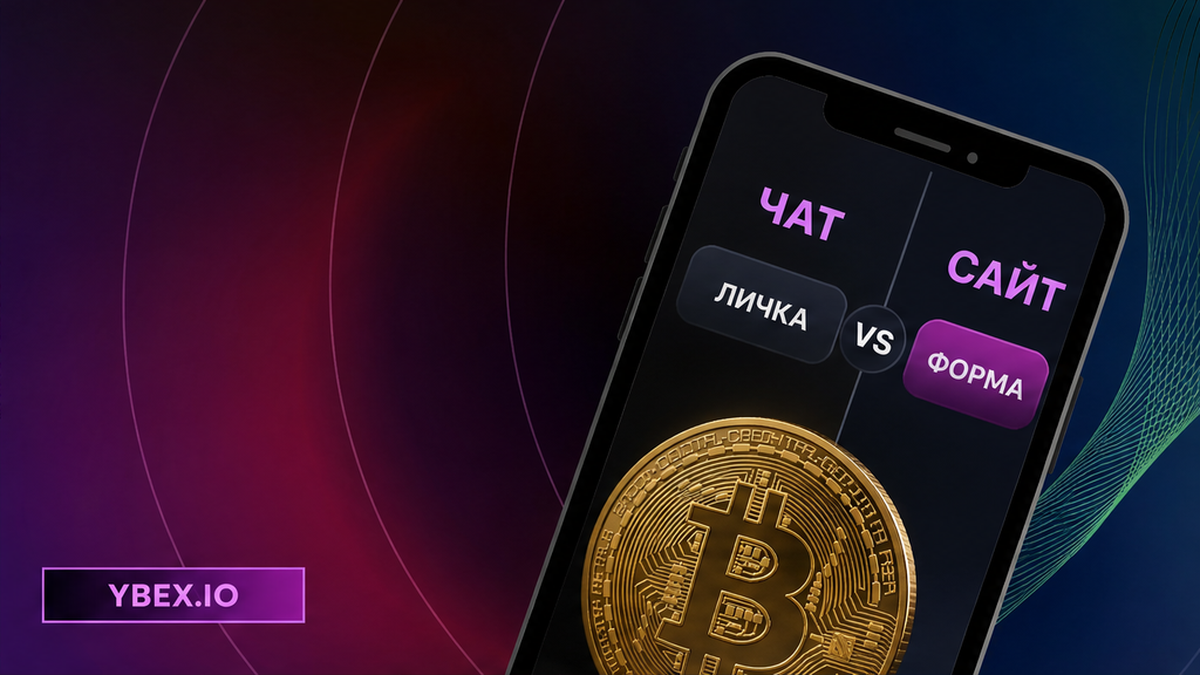 Тёмный баннер YBEX: смартфон сравнивает личку в чате и форму обмена на сайте