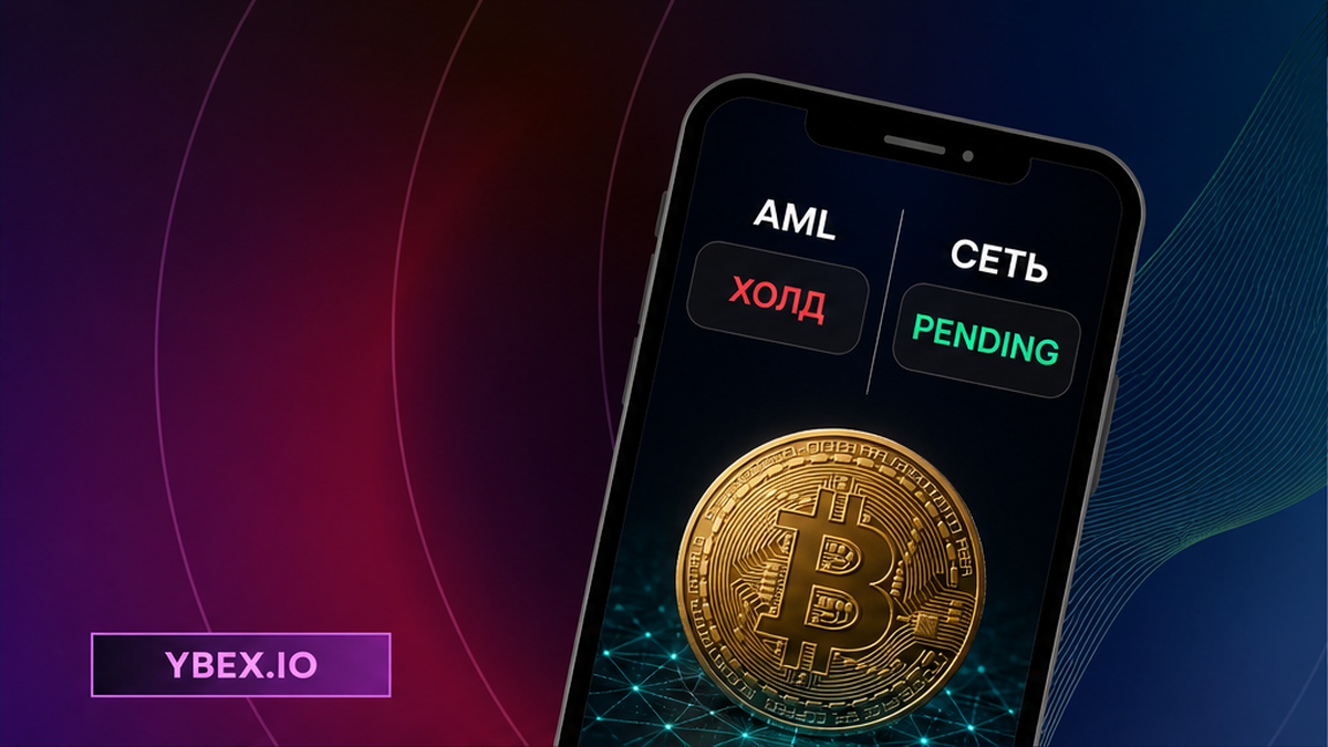 Тёмный баннер YBEX: смартфон сравнивает AML-холд заявки и задержку сети