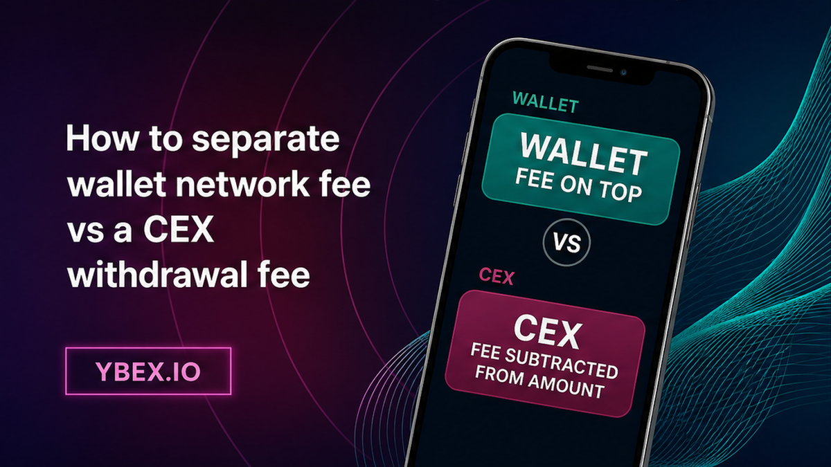 YBEX comparison UI: wallet network fee on top versus a CEX withdrawal that subtracts the fee