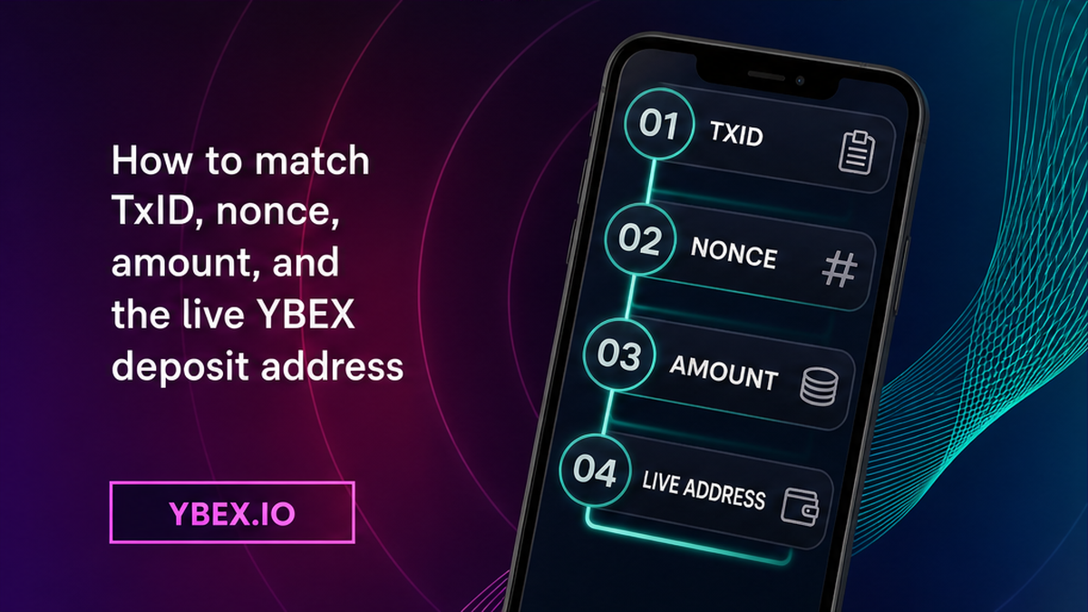 Four-step workflow matching TxID, nonce, amount, and the live YBEX deposit address