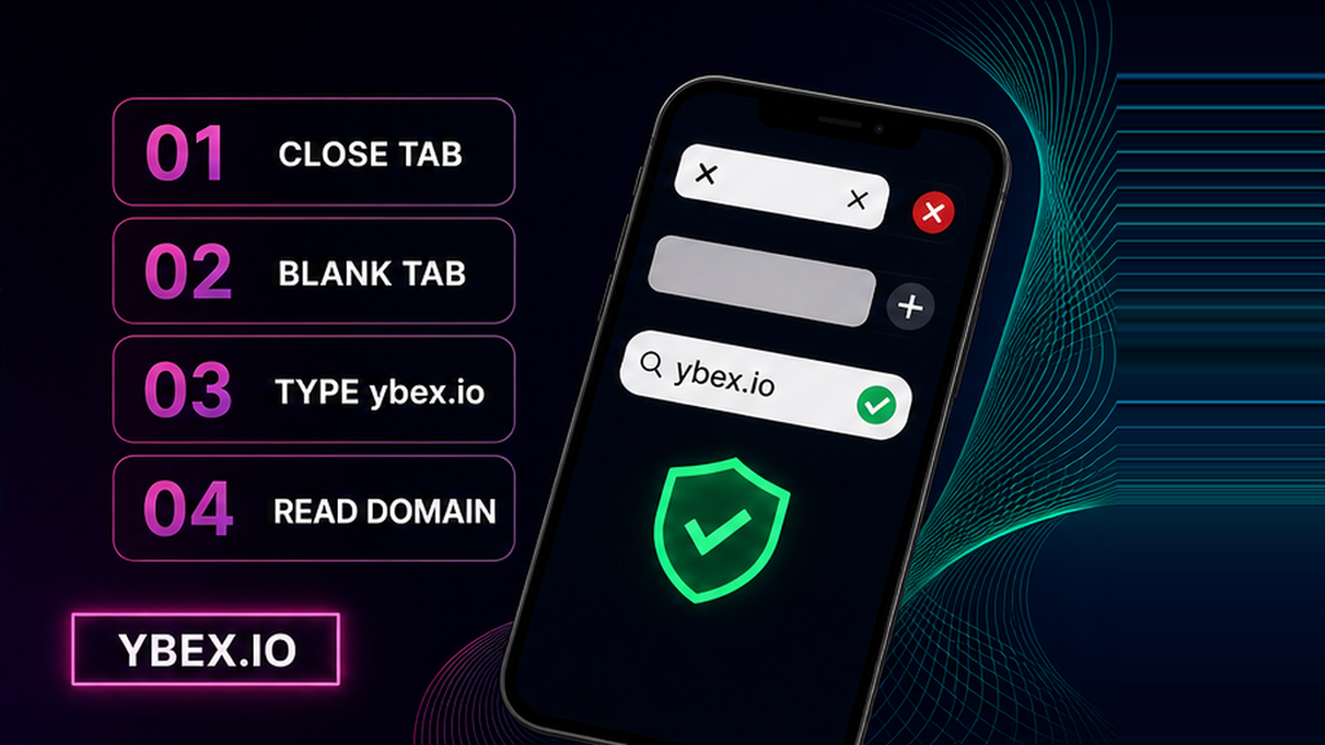 YBEX workflow on a phone: close untrusted tab, open a blank tab, type ybex.io, then read the domain