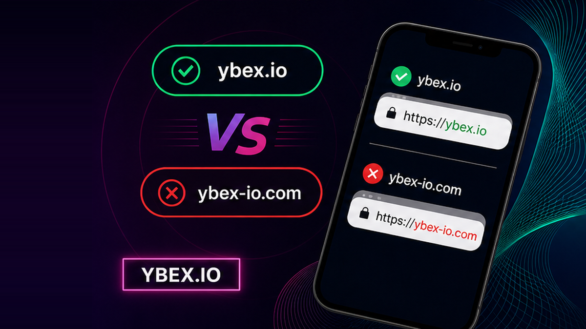 YBEX comparison UI: official ybex.io address bar versus a lookalike phishing domain
