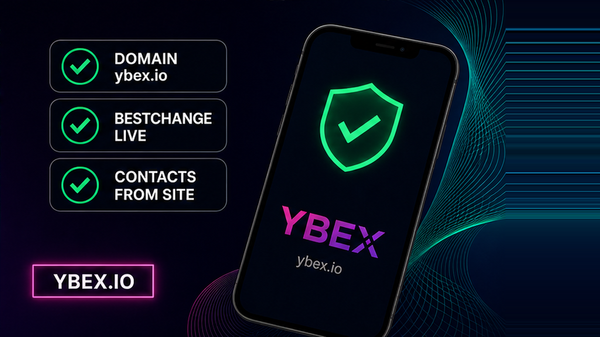 YBEX checklist on a phone: confirm ybex.io, live BestChange listing, and contacts opened from the site