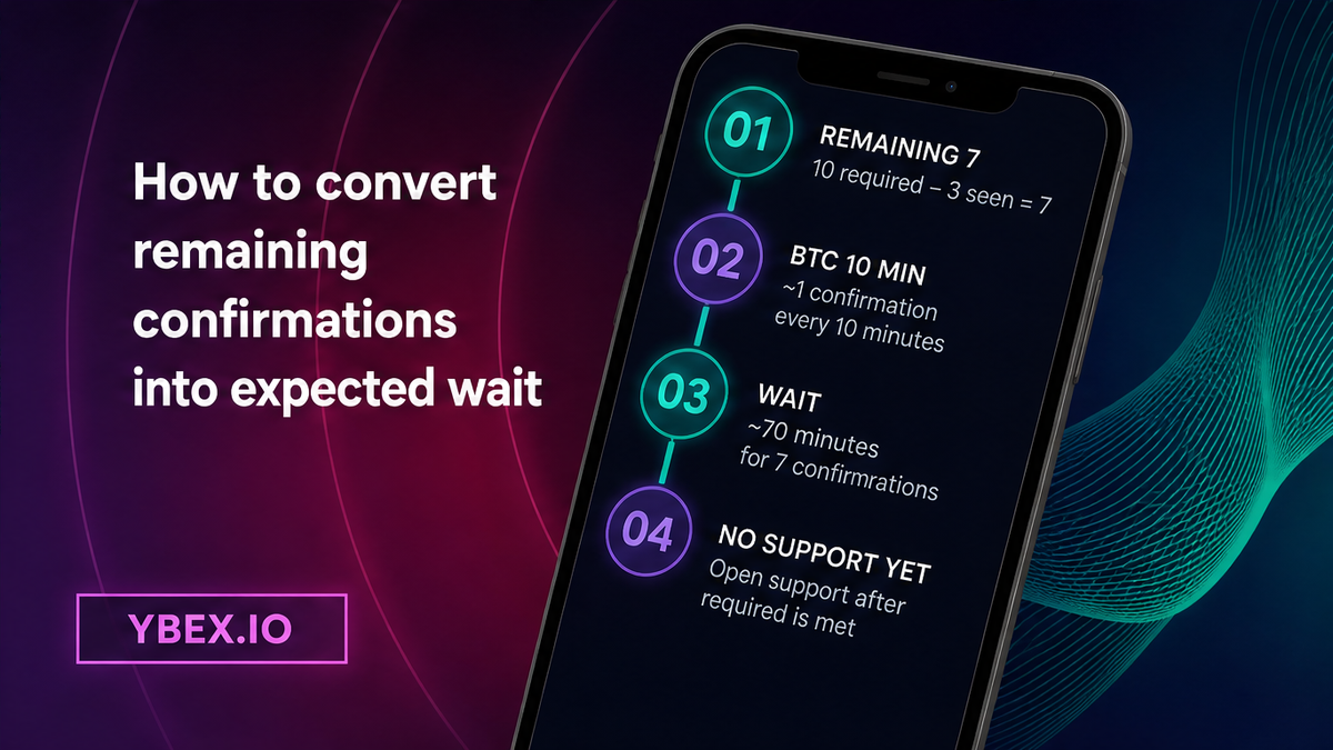 Four-step workflow converting remaining Bitcoin confirmations into expected wait time