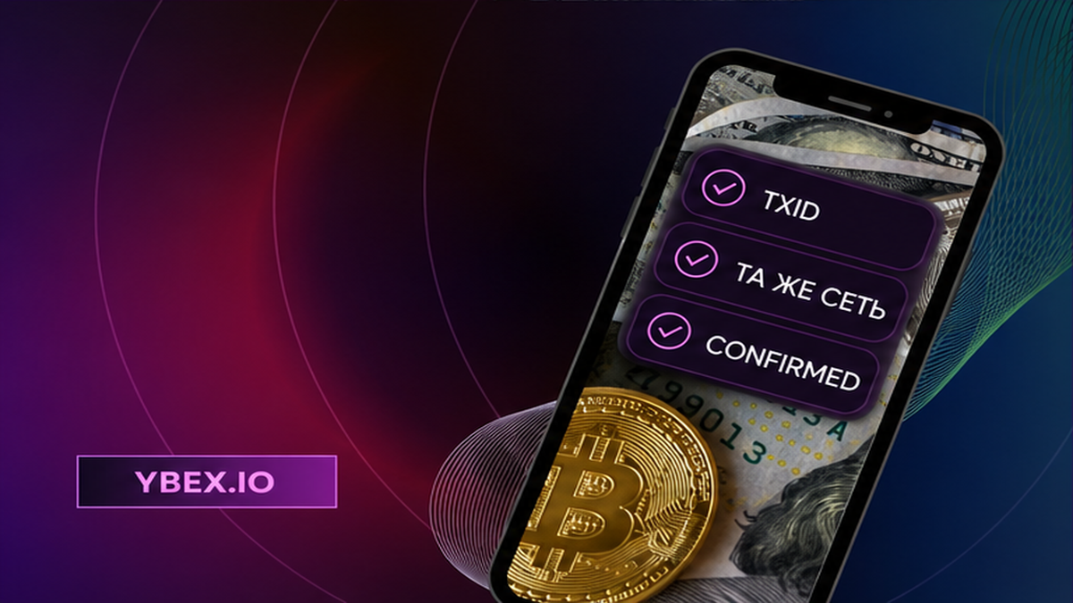 Тёмный баннер YBEX: чеклист на смартфоне с TxID, сетью и подтверждениями в обозревателе